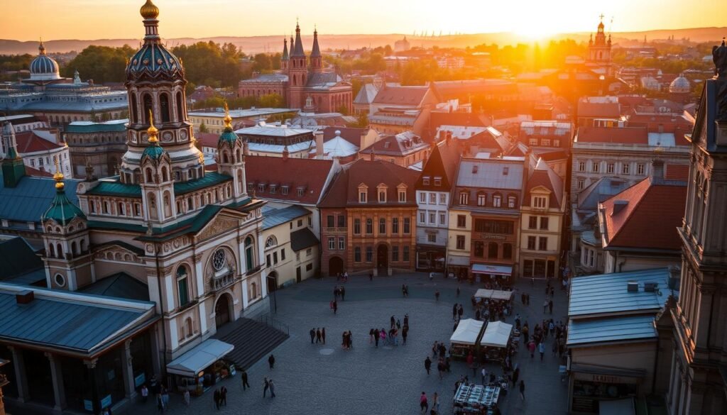A bustling Eastern European city skyline, bathed in soft golden light as the sun sets over the horizon. In the foreground, a grand cathedral with ornate spires and intricate architectural details stands tall, its onion-shaped domes reflecting the warm glow. In the middle ground, a cobblestone square is filled with locals and tourists alike, exploring quaint shops and outdoor cafes. In the background, a mix of traditional and modern buildings rise up, their facades adorned with Baroque, Gothic, and Art Nouveau influences. The scene exudes a sense of timeless wonder and cultural richness, inviting the viewer to discover the hidden gems of this captivating Eastern European destination.