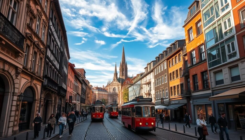 A bustling European city street, bathed in warm afternoon sunlight. Cobblestone roads wind between charming buildings with distinct architectural styles - ornate baroque facades, half-timbered medieval structures, and modern glass-and-steel designs. Pedestrians stroll leisurely, pausing to admire historic monuments, quaint cafes, and chic boutiques. Vintage trams trundle along, their bell echoing between the buildings. In the distance, the spires of a grand cathedral rise against a blue sky dotted with wispy clouds. A sense of timeless elegance and vibrant urban life permeates the scene, capturing the essence of European city travel.