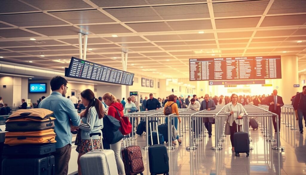 A bustling airport terminal with travelers navigating the commercial flight process. In the foreground, a family checking in at the airline counter, their luggage neatly stacked. The middle ground features a security checkpoint, passengers calmly removing their belongings and walking through the metal detectors. In the background, a large departure board displays flight information, and travelers can be seen making their way to their respective gates. Soft, warm lighting illuminates the scene, creating a sense of efficiency and organization. The overall atmosphere conveys the routine and familiar nature of the air travel experience.