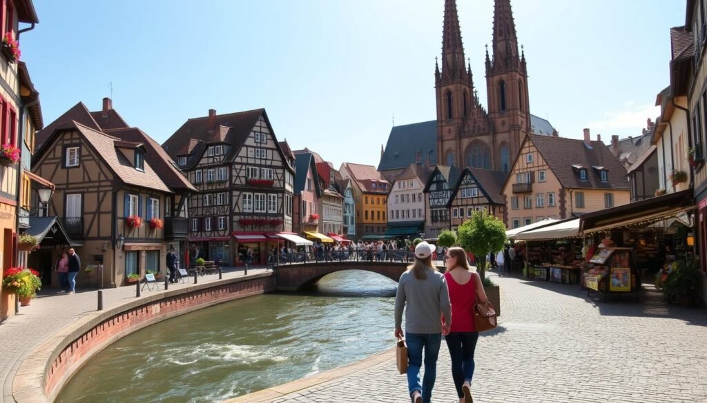 A charming medieval town nestled in the Alsace region of France, Colmar exudes old-world European allure. Narrow cobblestone streets wind past half-timbered houses in vibrant hues, their facades adorned with ornate carvings and flower boxes. The Lauch River flows gently through the historic center, its banks dotted with quaint bridges and cafes. In the foreground, a couple strolls hand-in-hand, taking in the timeless atmosphere. The middle ground reveals a bustling marketplace, its stalls overflowing with local produce and handicrafts. In the background, the towering spires of the Collegiàle Saint-Martin church reach skyward, their intricate gothic architecture bathed in warm, golden light. This tranquil, picturesque scene captures the essence of Western Europe's charming secret spots.