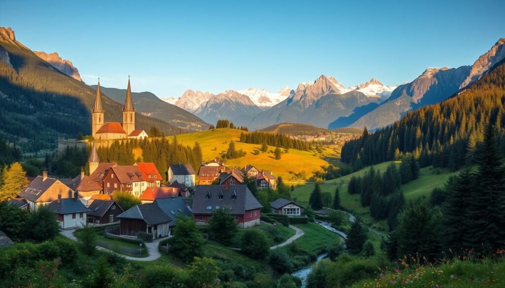 A picturesque landscape of rolling hills and lush forests in the heart of Eastern Europe. In the foreground, a quaint village nestled between towering mountains, its charming houses and cobblestone streets bathed in warm, golden light. Towering church spires and ancient castle ruins dot the horizon, their weathered facades casting long shadows across the scene. The middle ground is filled with vibrant wildflowers and winding streams, while the background is dominated by rugged, snow-capped peaks reaching up into a brilliant azure sky. The atmosphere is one of timeless serenity and untamed natural beauty, inviting the viewer to discover the hidden wonders of this enchanting region.